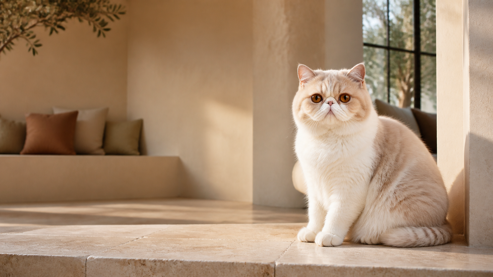 A cream Exotic Shorthair resting in a warm California home